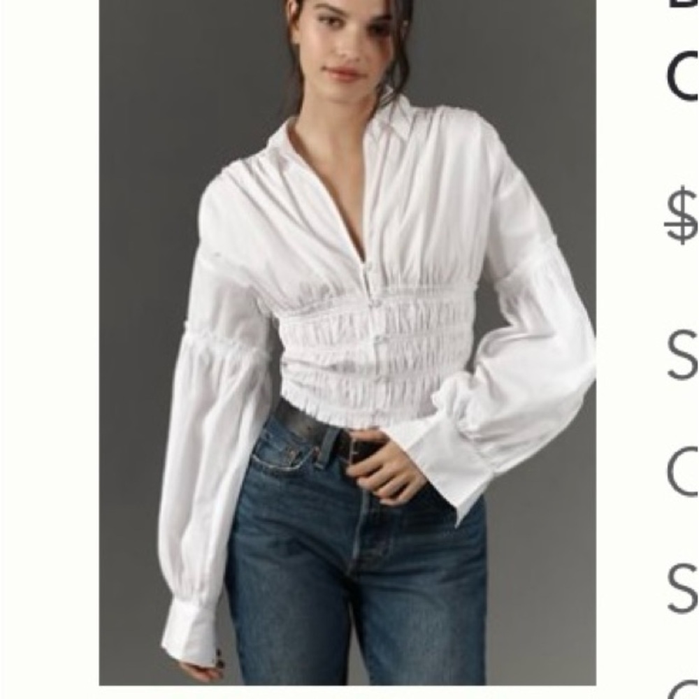 Anthropologie White Smocked Bishop Sleeve Blouse